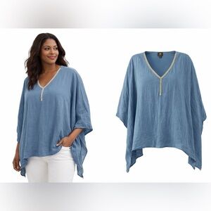 JM Collection Blue Double Gauze Poncho Top XL Bohemian Coastal Chic Beaded Tunic
